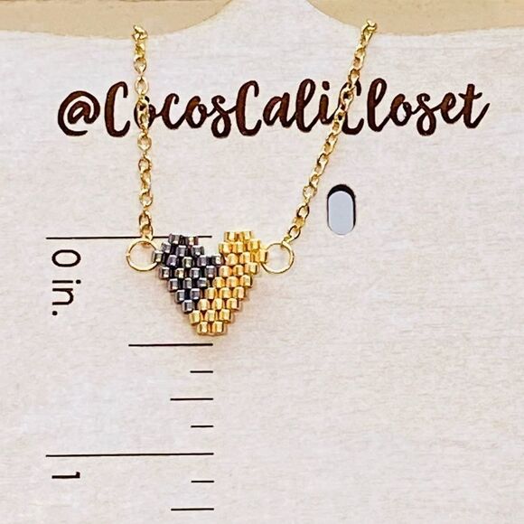 Hand Beaded Gold & Silver Seed Bead Heart Necklace NWT - Picture 7 of 9